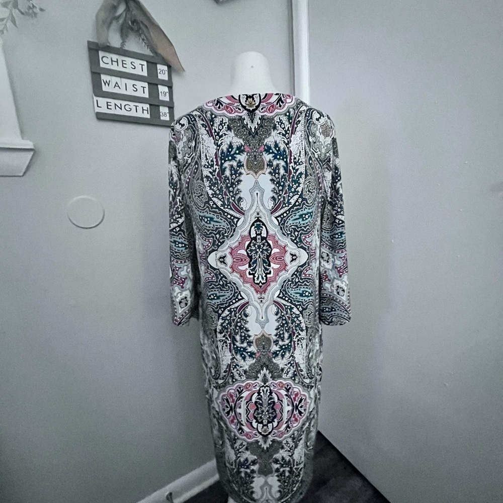 Chico's Teal, Burgandy and White Sheath Dress with Bell Sleeves - Picture 7 of 11